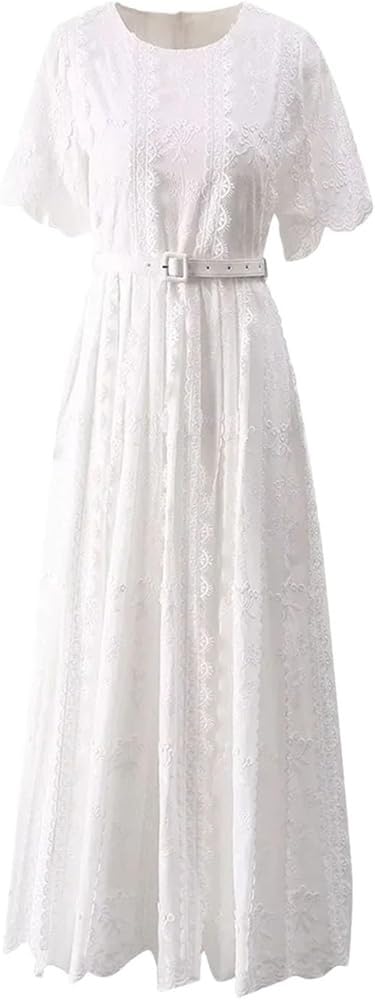 Women's Vintage White Lace Princess Dress Flower Embroidery Elegant Party Vacation Dresses