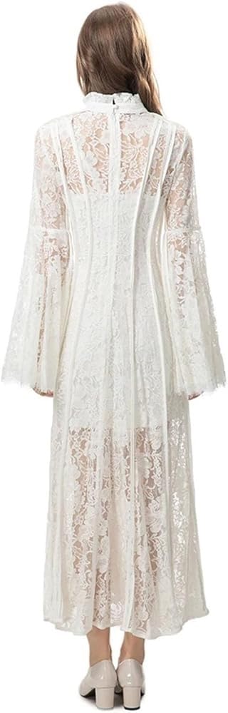Vintage Lace Hollow Out Flowing Long Skirt Women's Striped Slim Fit Flare Sleeve Dresses French Solid Suspender Travel Dress