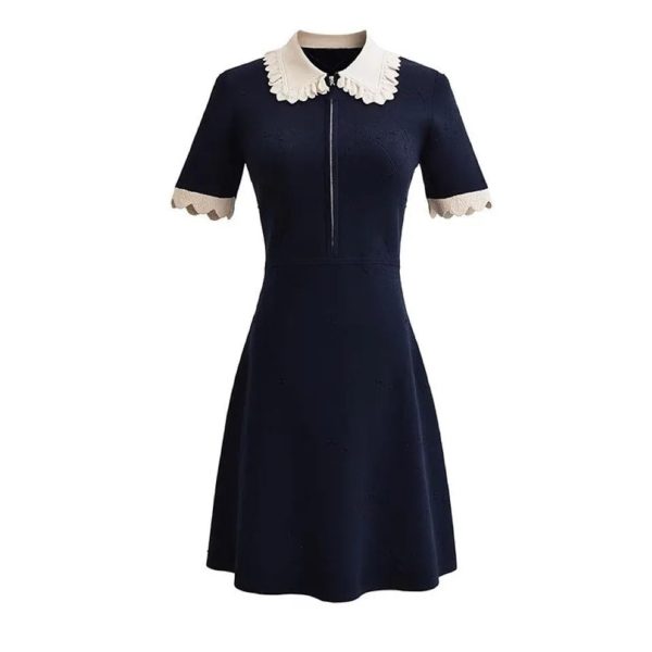 Women's 2025 Knit Lace Collar Dress - Short Sleeve Color Block
