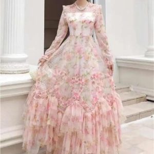 Women Floral Lace Patchwork Summer Maxi Dress Sequin Long Sleeve Crew Neck Slim Casual Dress