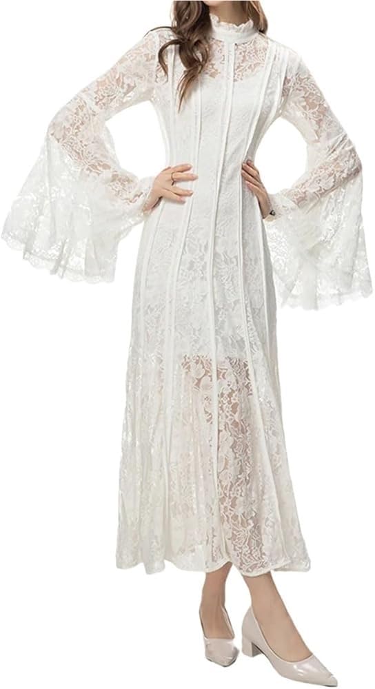 Vintage Lace Hollow Out Flowing Long Skirt Women's Striped Slim Fit Flare Sleeve Dresses French Solid Suspender Travel Dress
