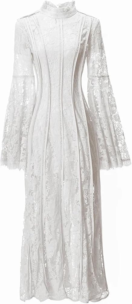 Women's Vintage Striped Hollow Lace Long Sleeve Dress Suspender Inner Slim Fit Maxi Dresses
