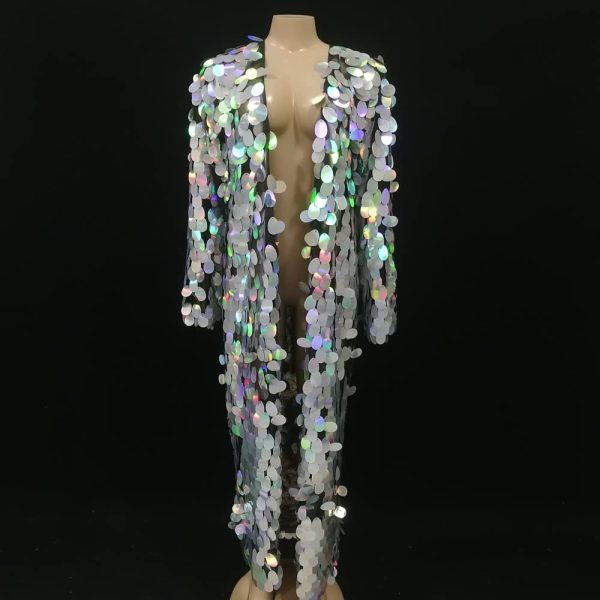 Female Long Sequins Coats Loose Long Sleeve Gold Red Green Pink Silver Casual Jackets Prom Party Singer Dancer One Size