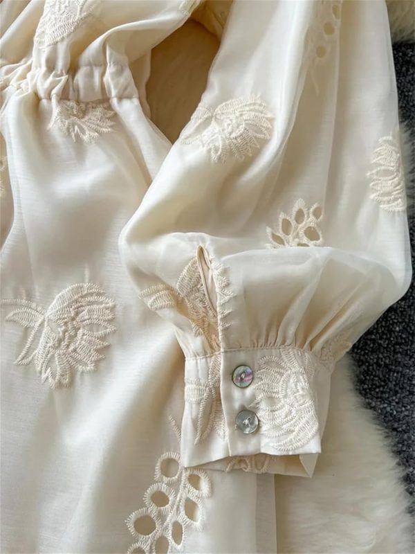 Elegant Vintage Lace Maxi Dresses for Women V Neck Embroidery Loose Fit Beach Holiday Dress with Sash