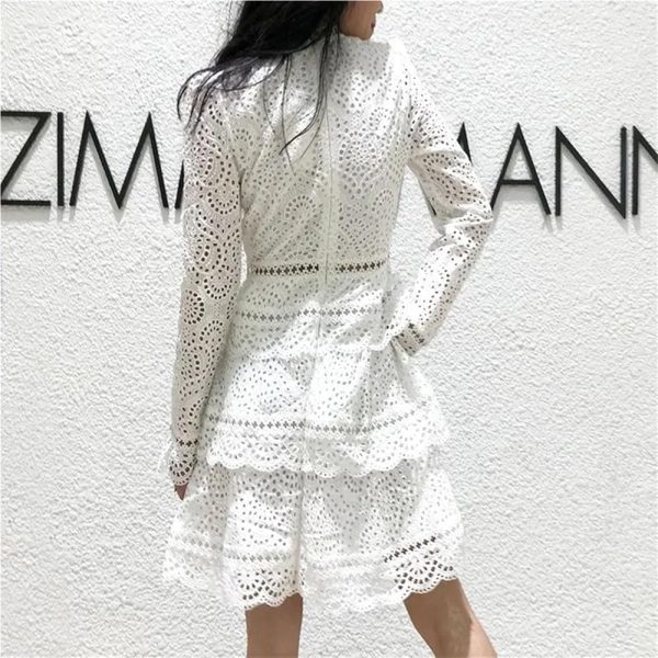 Women's Wedding Guest Dress Spring Lace V-Neck Bohemian Gown Hollow Long Sleeve Sexy White Party Dress(Short_Large)