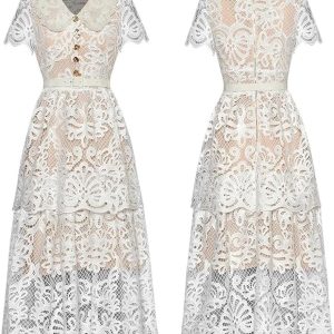 Womens Vintage Party Dress V-Neck Short Sleeve Lace Up Hollow Out Button Lace Formal Evening Maxi Long Dresses