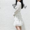Women's Wedding Guest Dress Spring Lace V-Neck Bohemian Gown Hollow Long Sleeve Sexy White Party Dress(Short_Large)