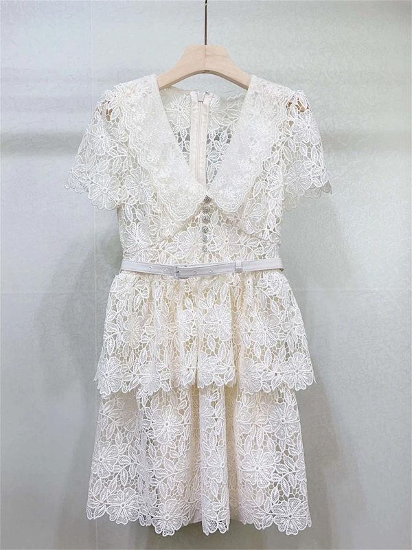 Women's Slimming Embroidery Dress - V-Neck Short Sleeve High Waist Belted Spring Dress